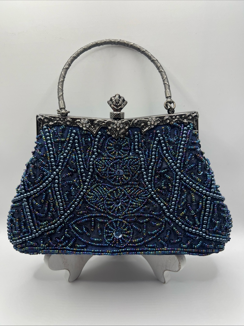 Vintage Gatsby Navy Blue Beaded Evening Bag Ornate Frame Kiss Lock Clutch 9"